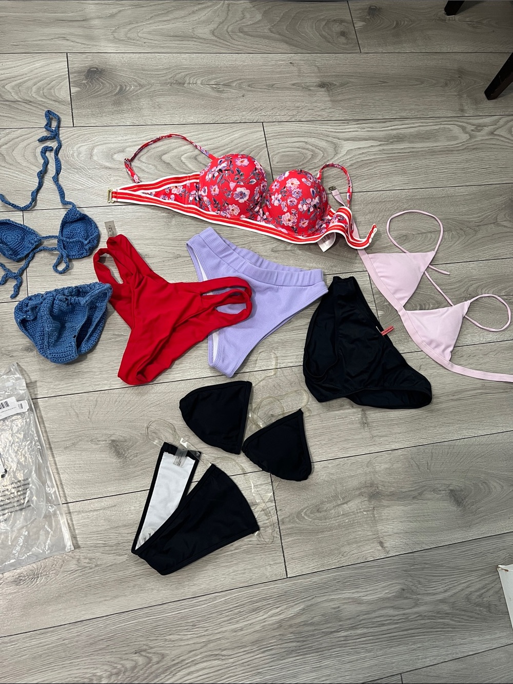Mixed Bikini Bottoms and Tops - Black, Red, Lavender, Pink, Floral bundle 9 pcs